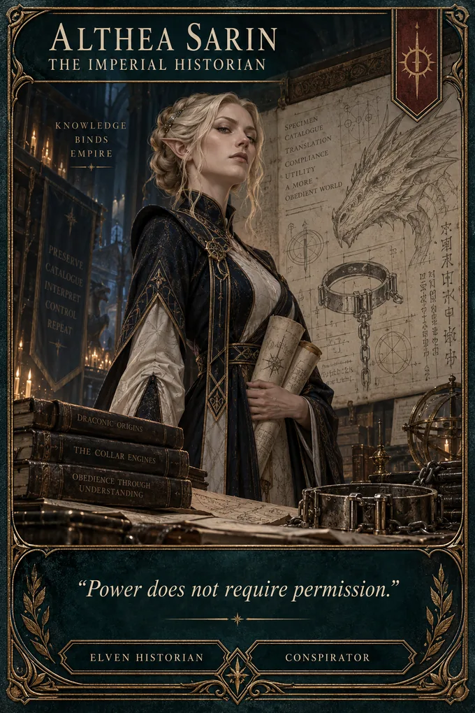 A fantasy archivist surrounded by books and story records